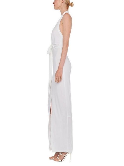 Long sleeveless white jersey women's dress with sash Norma Kamali | ST1243HPD51944SNOW WHITE